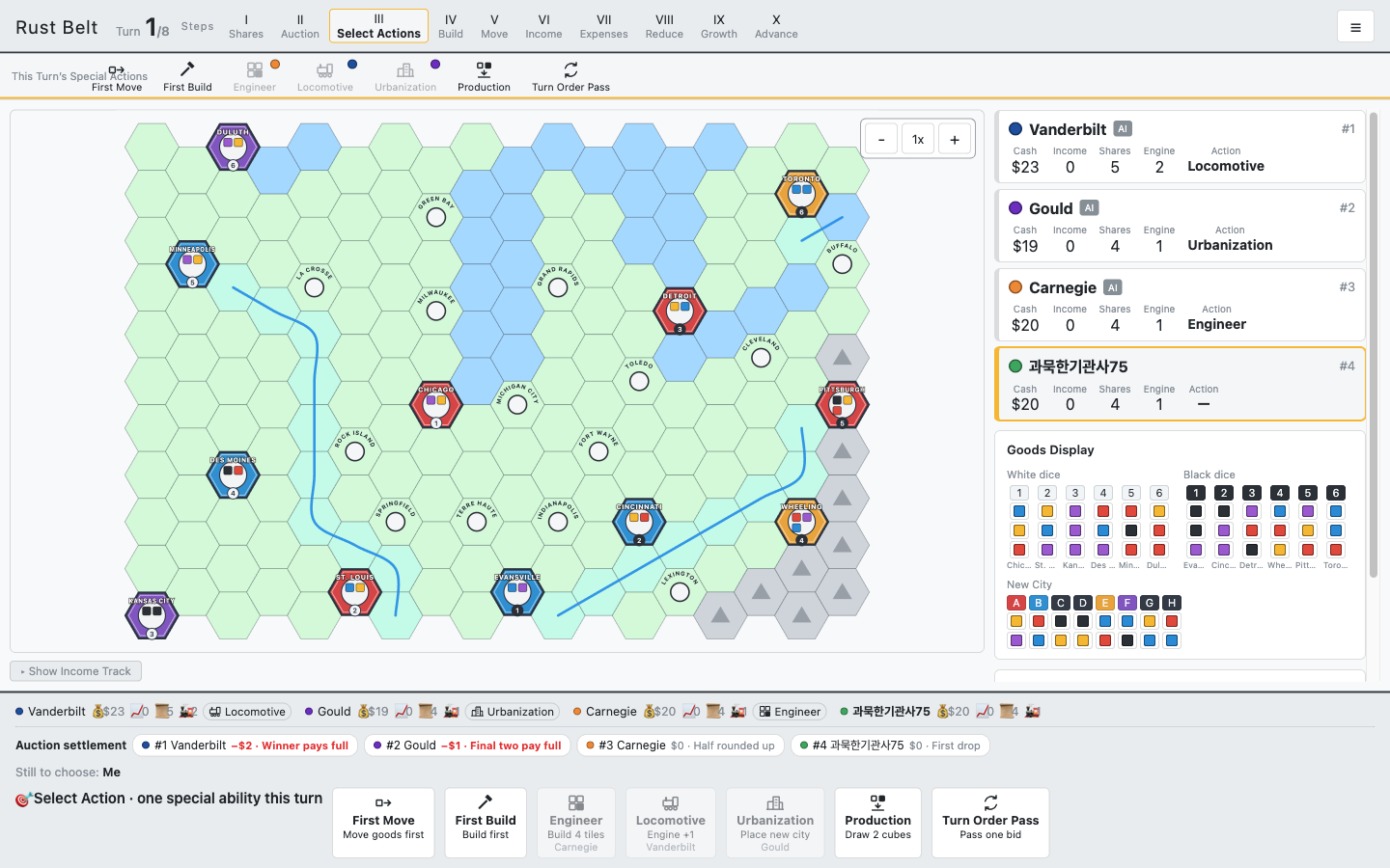 Rust Belt 4-player turn 1 action selection screen